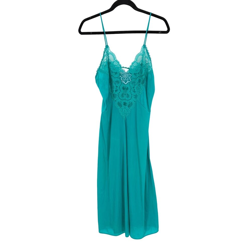 Vintage Undercover Wear Slip Dress Womens S/M Teal Blue Lace Trim Top Midi